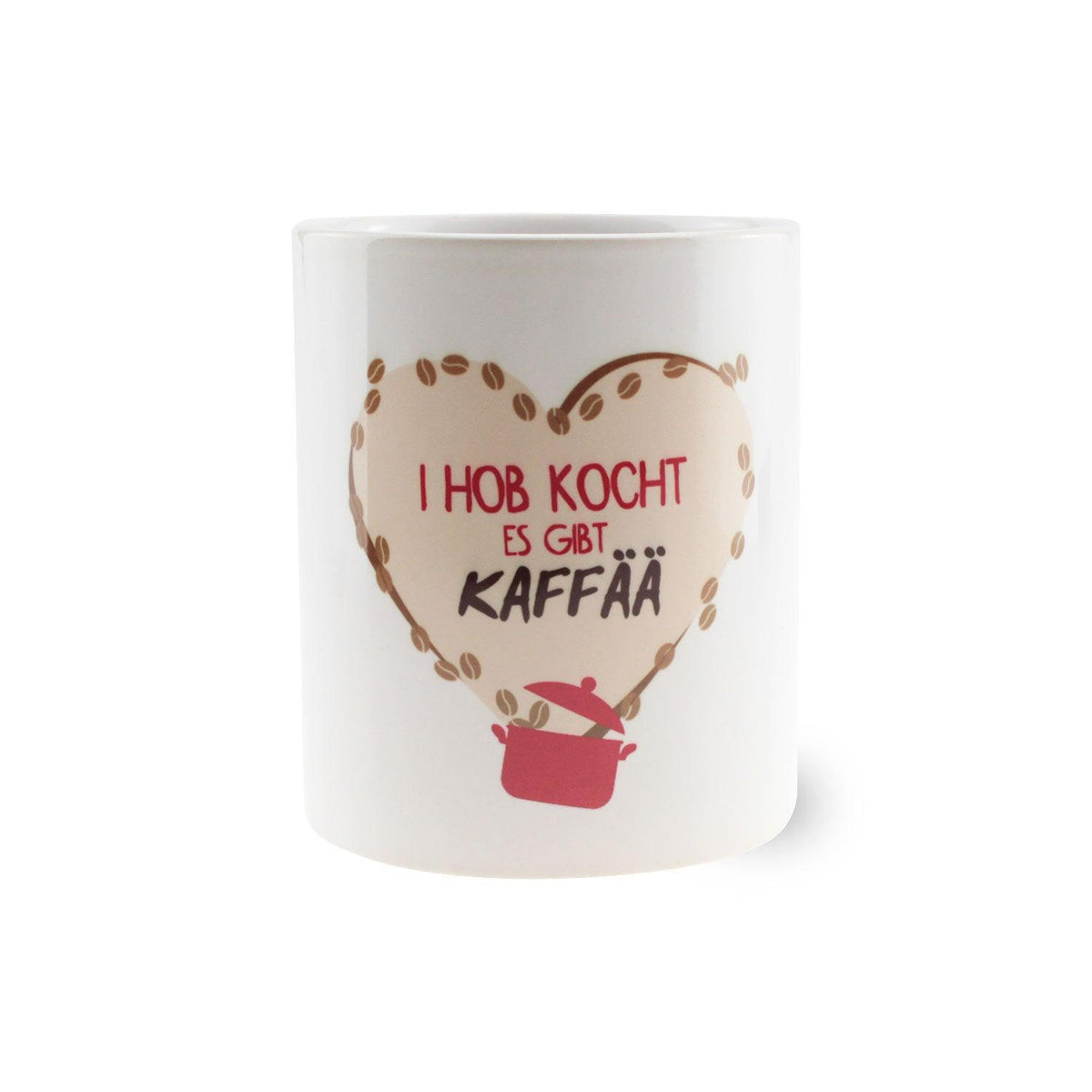 Weißes Kaffee-Haferl "I hob kocht, es gibt Kaffää" mit herzförmigem Kaffee-Bohnen-Design und Topf-Motiv.
