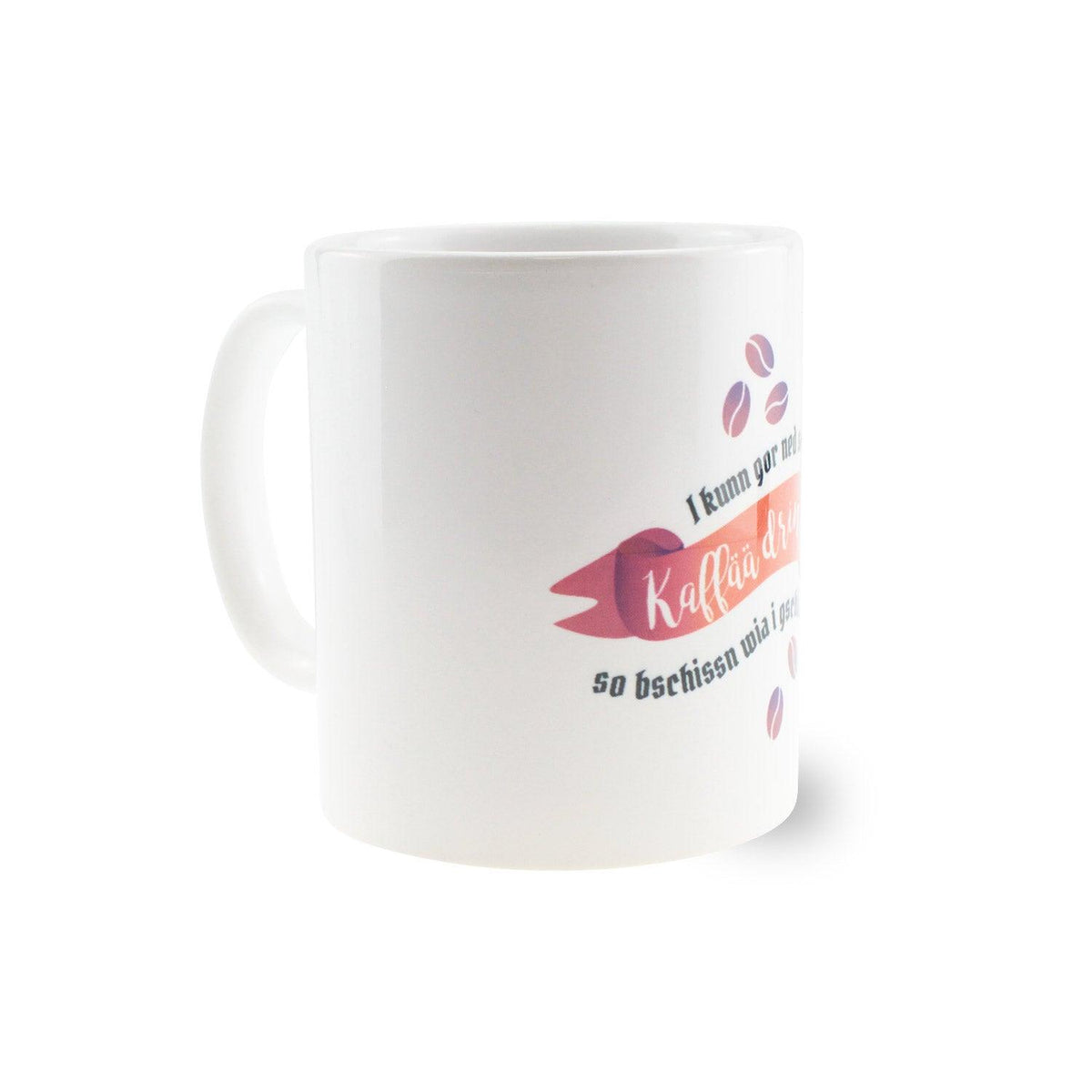 Kaffee-Haferl I kunn gor ned so vui mit bayerischem Spruch, Kaffeebohnen Design auf weißem Keramikbecher.