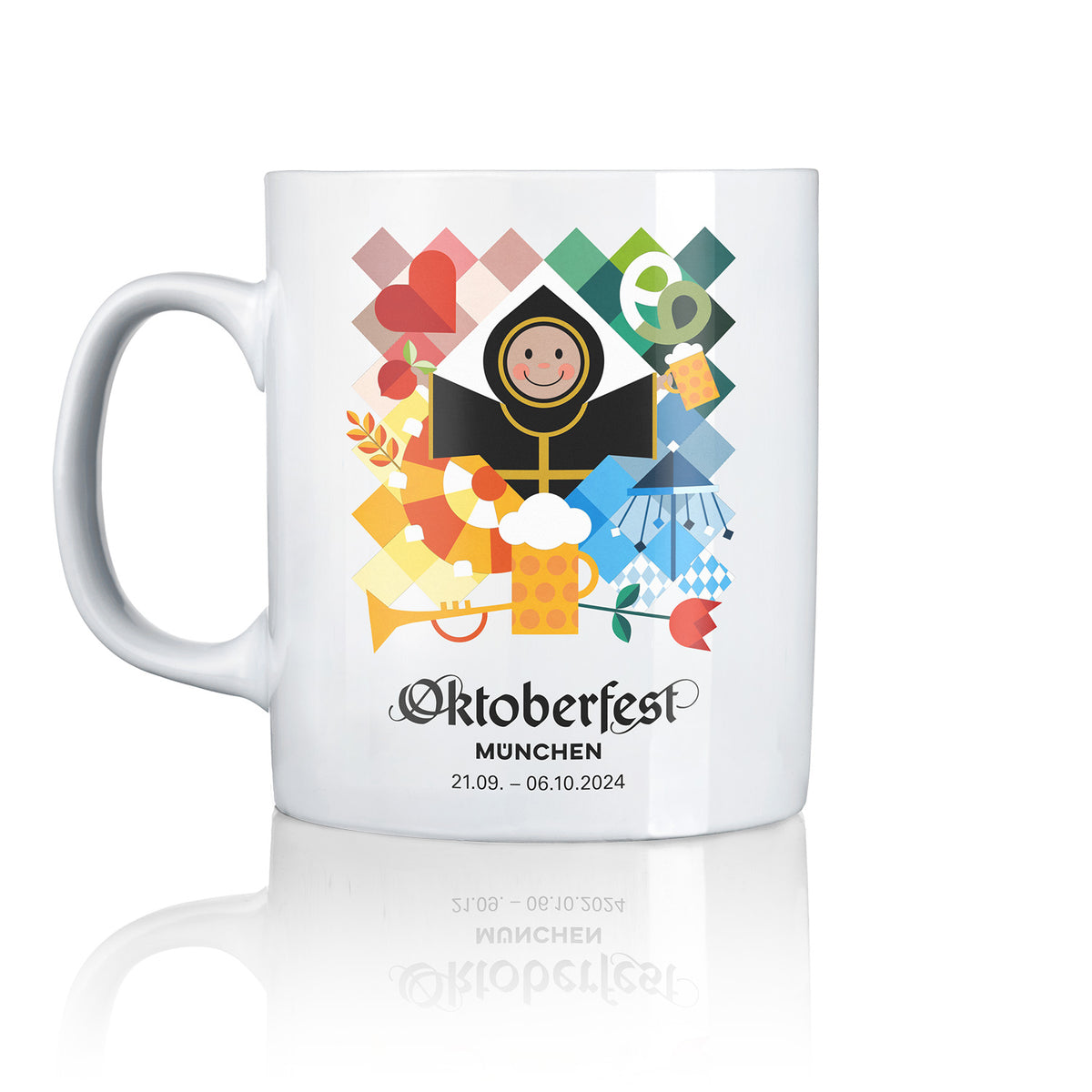 Offizielle Oktoberfest-Sammlertasse 2024 mit Grafik von Münchner Kindl, Bierkrug, Brezel und Herz auf weißem Porzellan.
