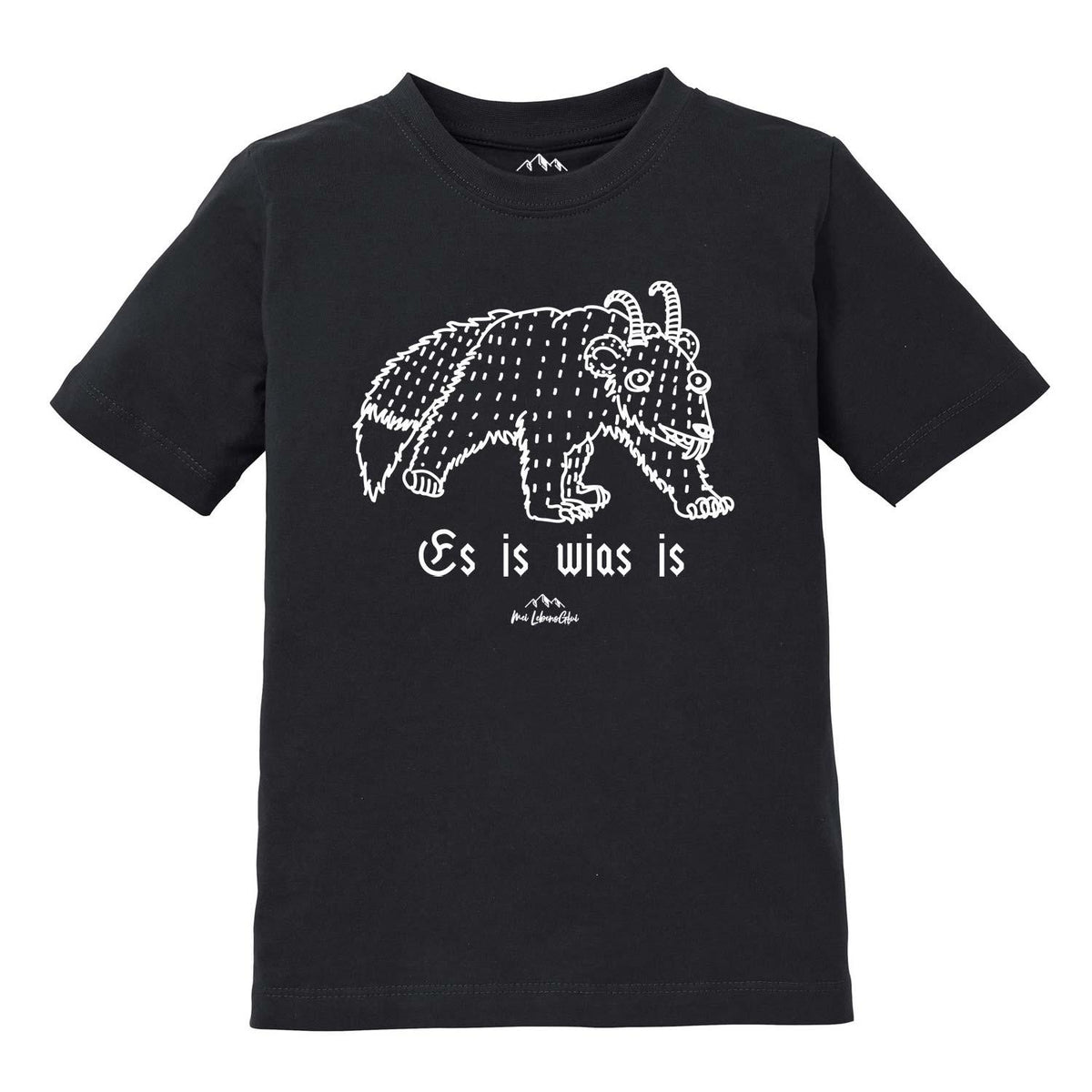 Schwarzes Kinder T-Shirt Wolpertinger "Es is wias is" mit weißer fantasievoller Kreatur und bayerischem Spruch.