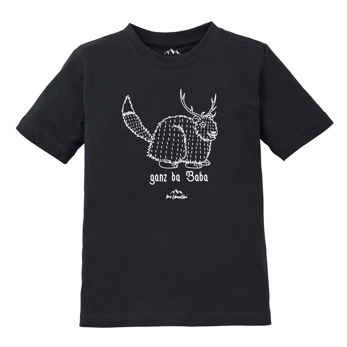 Schwarzes Kinder T-Shirt Wolpertinger Ganz da Baba mit weißem Fabelwesen-Druck.