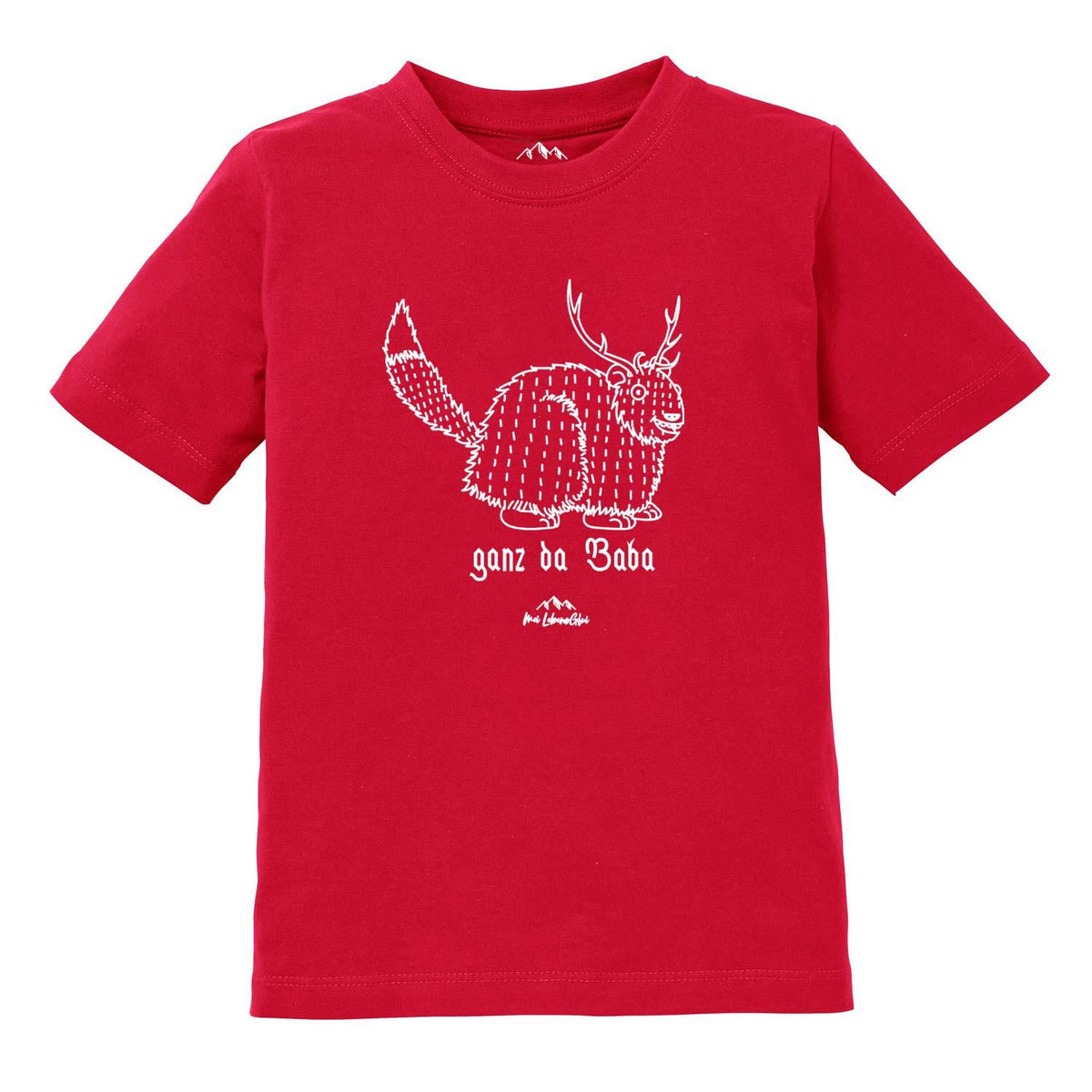 Rotes Kinder T-Shirt Wolpertinger "Ganz da Baba" mit weißem Wolpertinger-Print und Spruch.