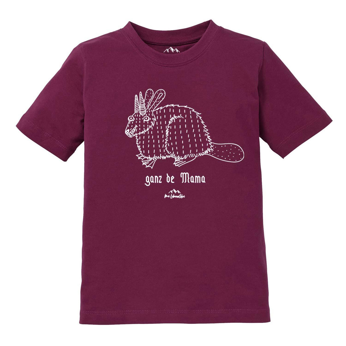 Dunkelrotes Kinder T-Shirt Wolpertinger "Ganz de Mama" mit weißem Wolpertinger-Print und Text auf der Brust in Gr. 104