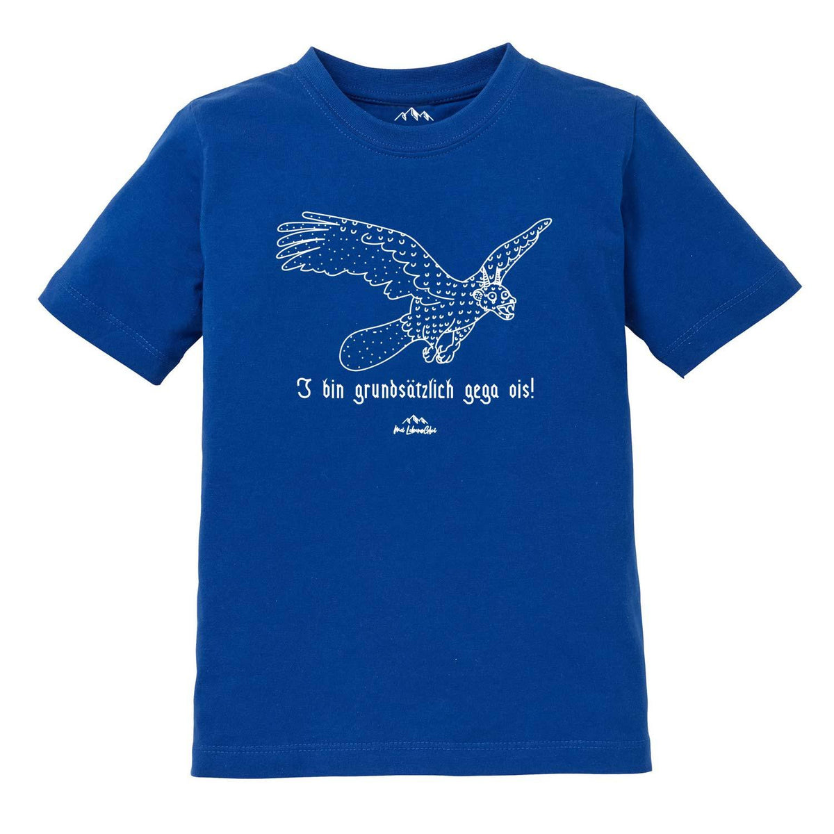 Blaues Kinder T-Shirt Wolpertinger "Gega ois" mit weißem Fabelwesen-Druck auf der Brust