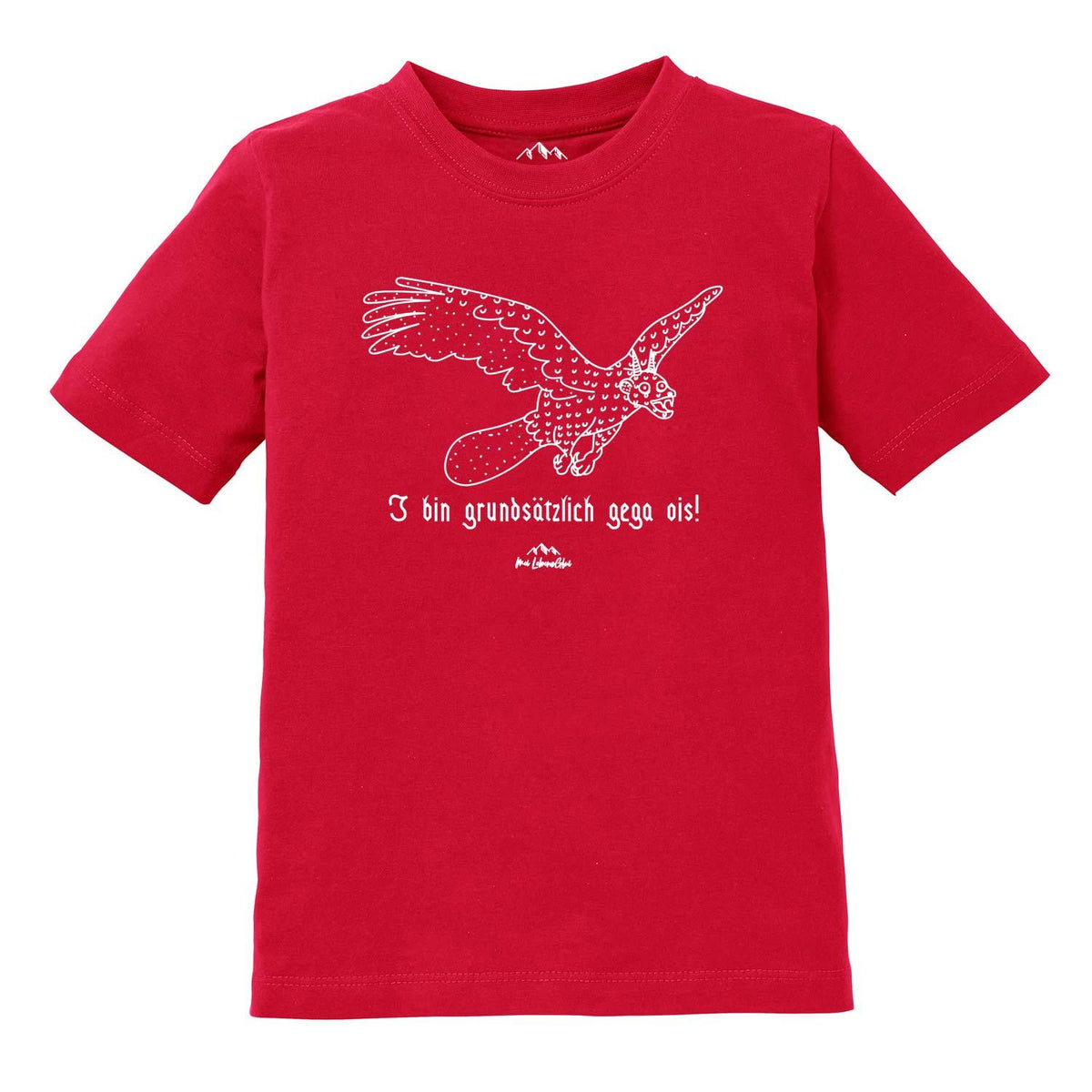 Rotes Kinder T-Shirt Wolpertinger "Gega ois" mit weißem Fabeltier-Print und lustigem Spruch.