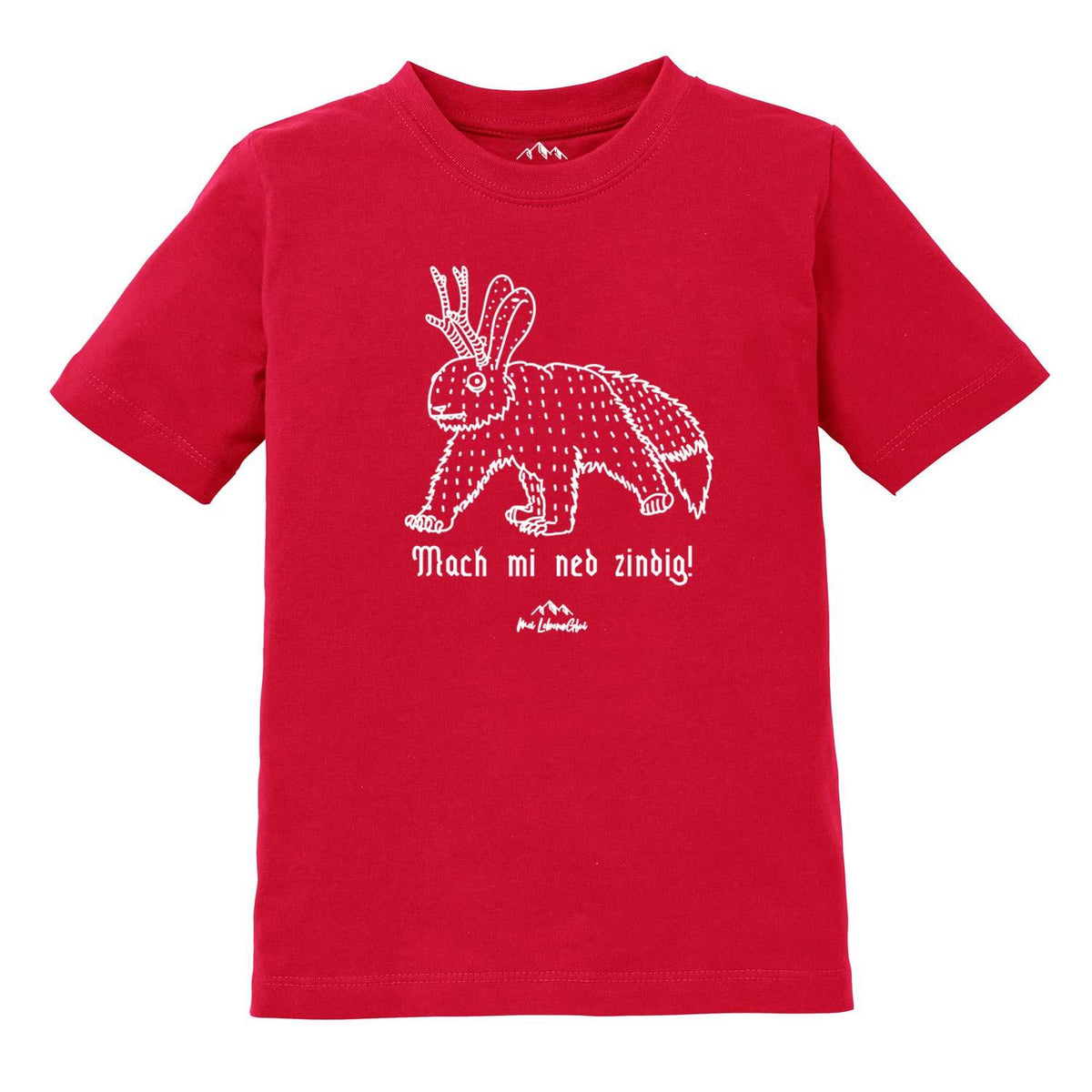 Rotes Kinder T-Shirt Wolpertinger "Mach mi ned zindig" mit weißem Fabelwesen-Druck.