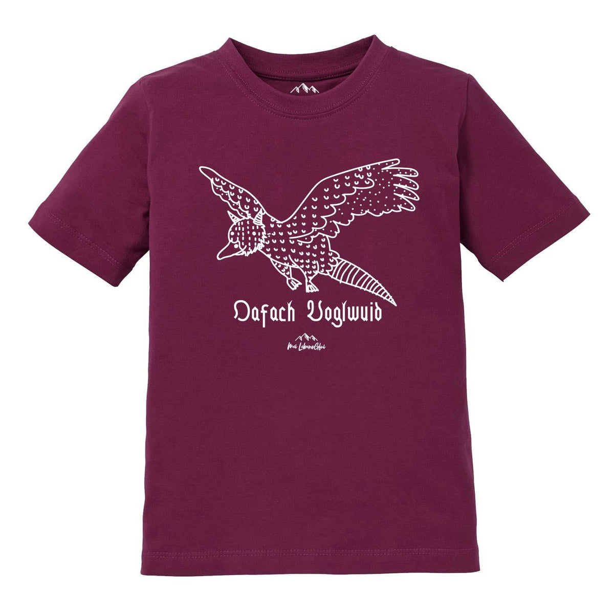 Dunkelrotes Kinder T-Shirt Wolpertinger Oafach Voglwuid mit weißem Wolpertinger-Print und Text.