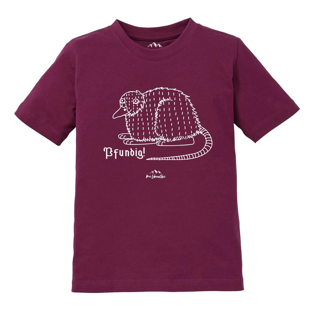 Kinder T-Shirt Wolpertinger “Pfundig” in Bordeauxrot mit weißem, humorvollem Wolpertinger-Print und Aufschrift.
