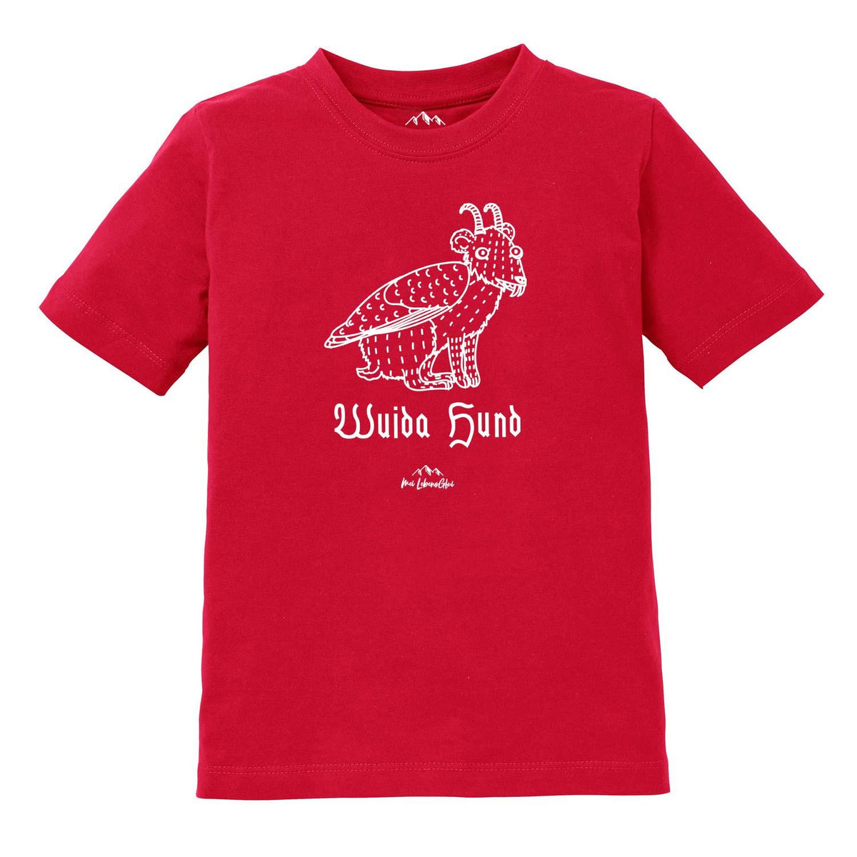 Rotes Kinder T-Shirt Wolpertinger Wuida Hund mit detailreicher weißer Grafik eines Fabelwesens und Schriftzug.