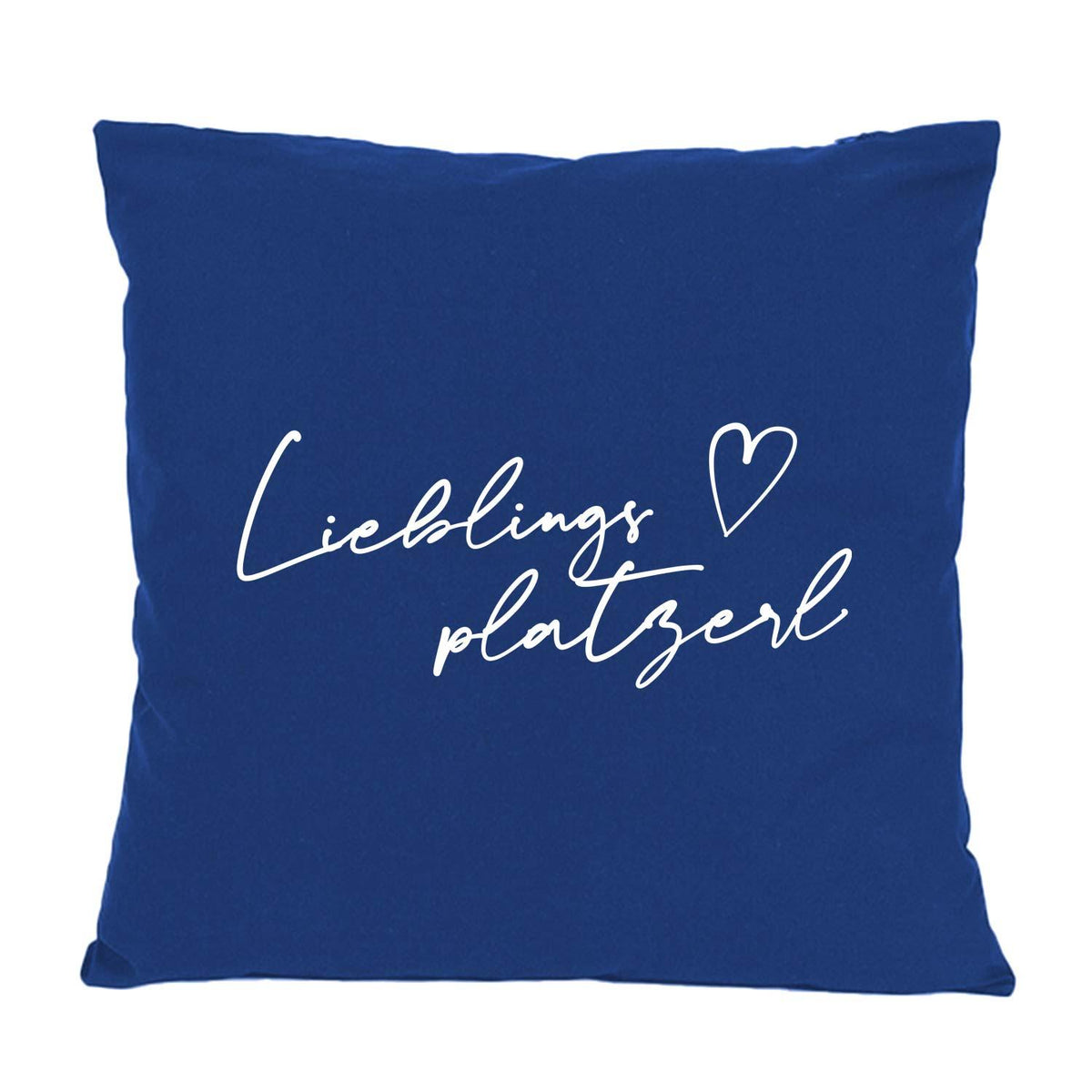 Dunkelblaues Kissen Lieblingsplatzerl mit weißer Schrift und kleinem Herz, modernes Design für Sofa oder Bett.