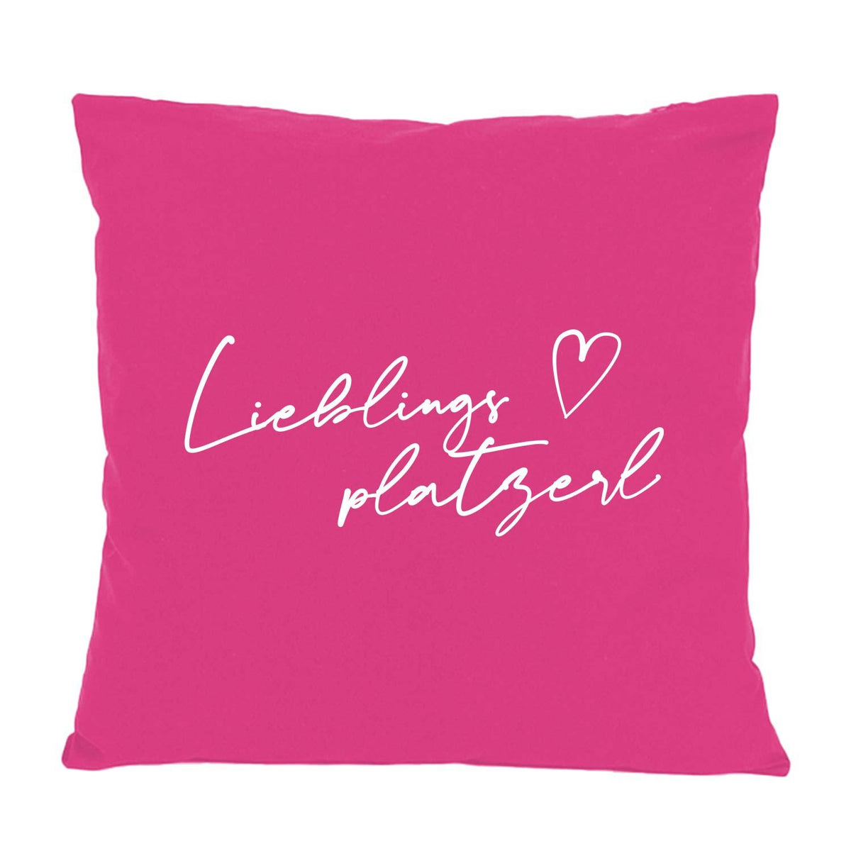 Kissen Lieblingsplatzerl in leuchtendem Pink mit weißer Herz- und Schriftzug-Stickerei, Dekoration für Zuhause.