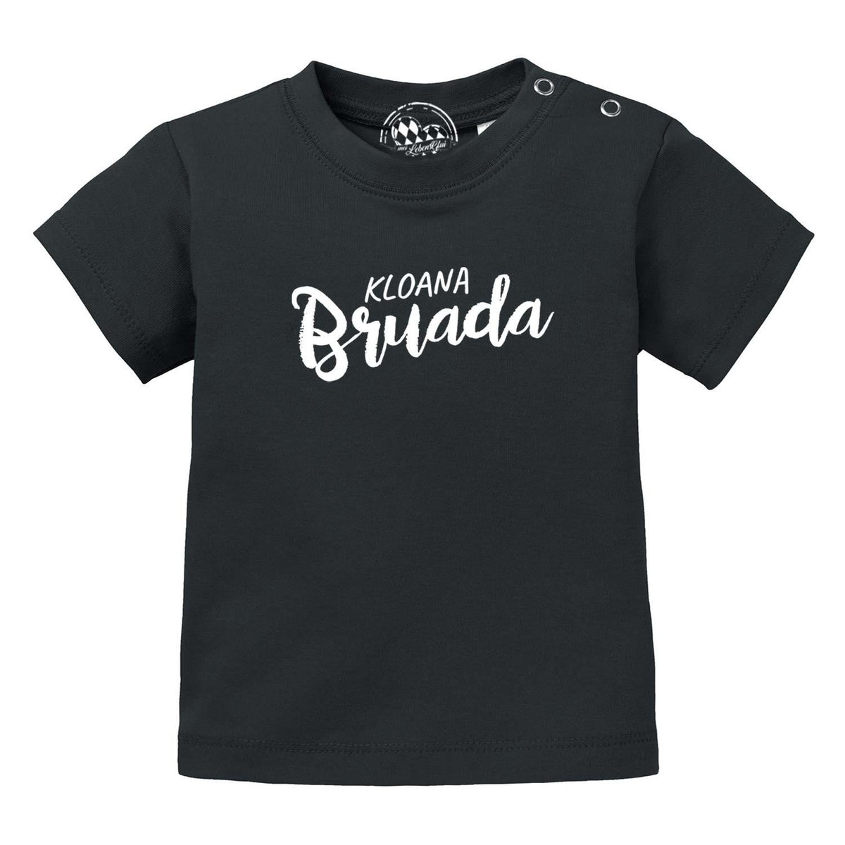 Schwarzes Baby T-Shirt Kloana Bruada mit weißem Schriftzug und Druckknöpfen an der Schulter, aus Baumwolle.