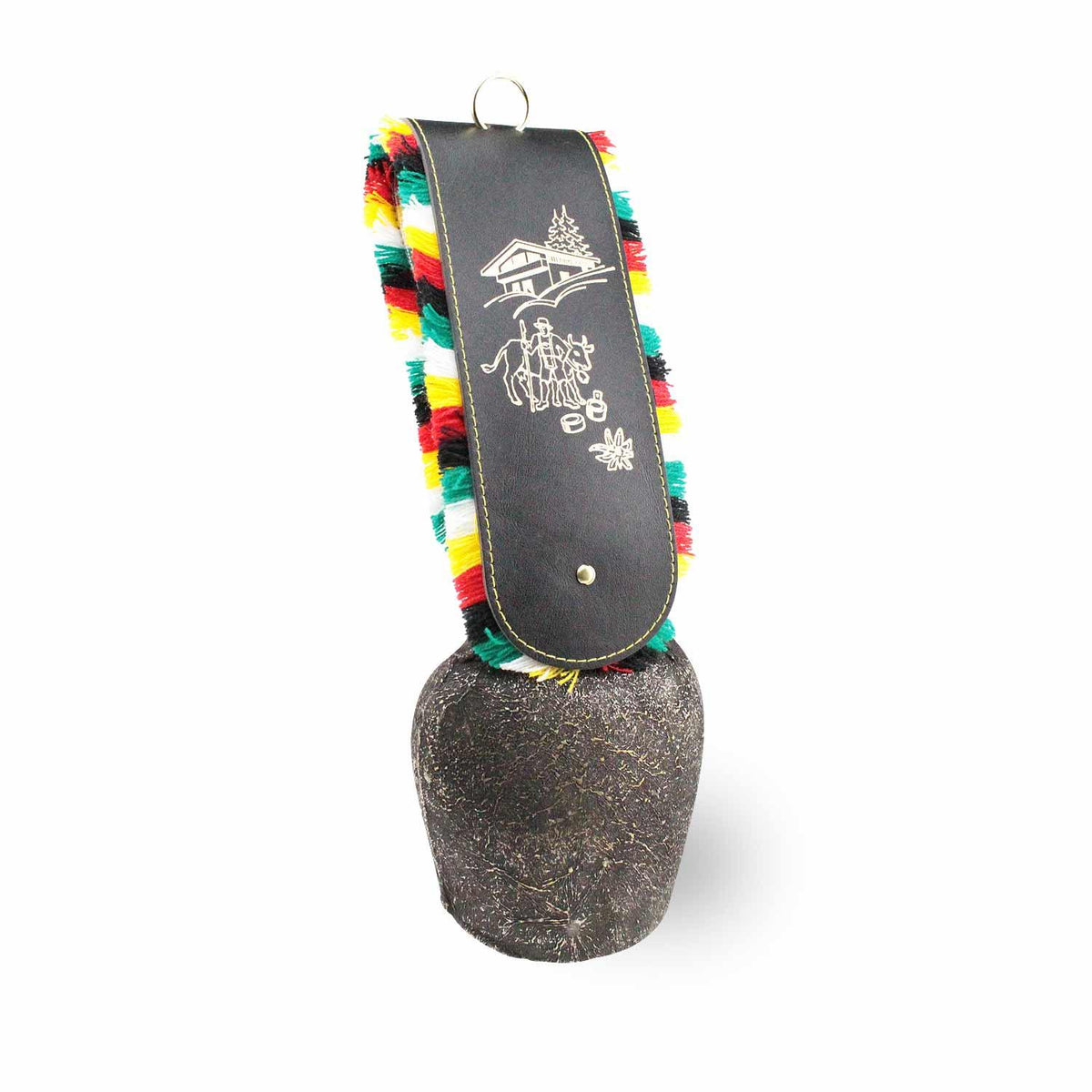 Rustikale Kuhglocke mit aufwendigem Lederriemen, bunten Fransen und Alpendorf-Gravur, traditionell.