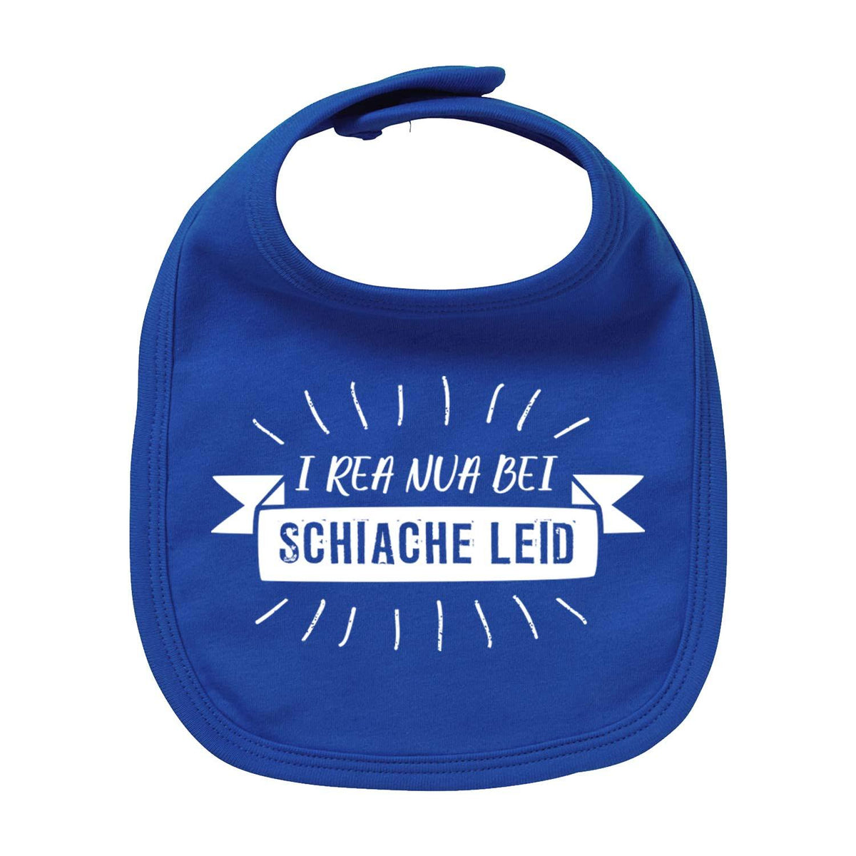 Blaues Lätzchen "I rea nua..." mit weißem bayerischen Spruch und Verschluss, praktisch für Babys.