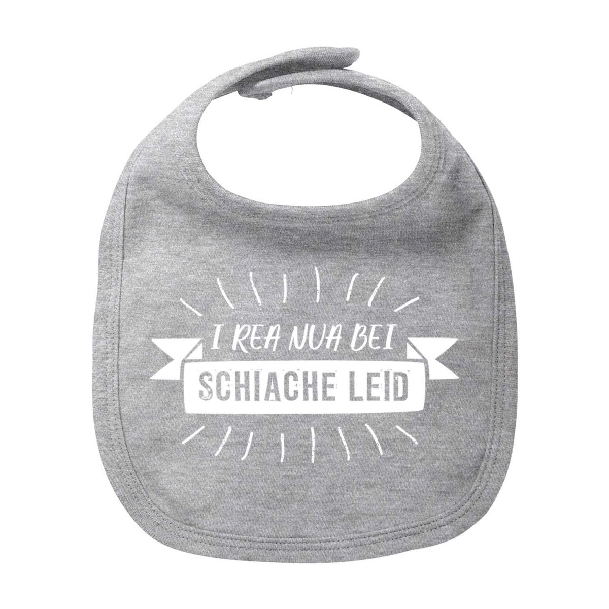 Graues Lätzchen "I rea nua..." mit lustigem, bayerischem Spruch in Weiß und Klettverschluss für Babys.
