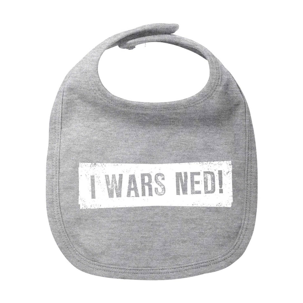 Graues Lätzchen "I wars ned!" mit weißem, verwittertem Schriftzug und Klettverschluss für Babys.