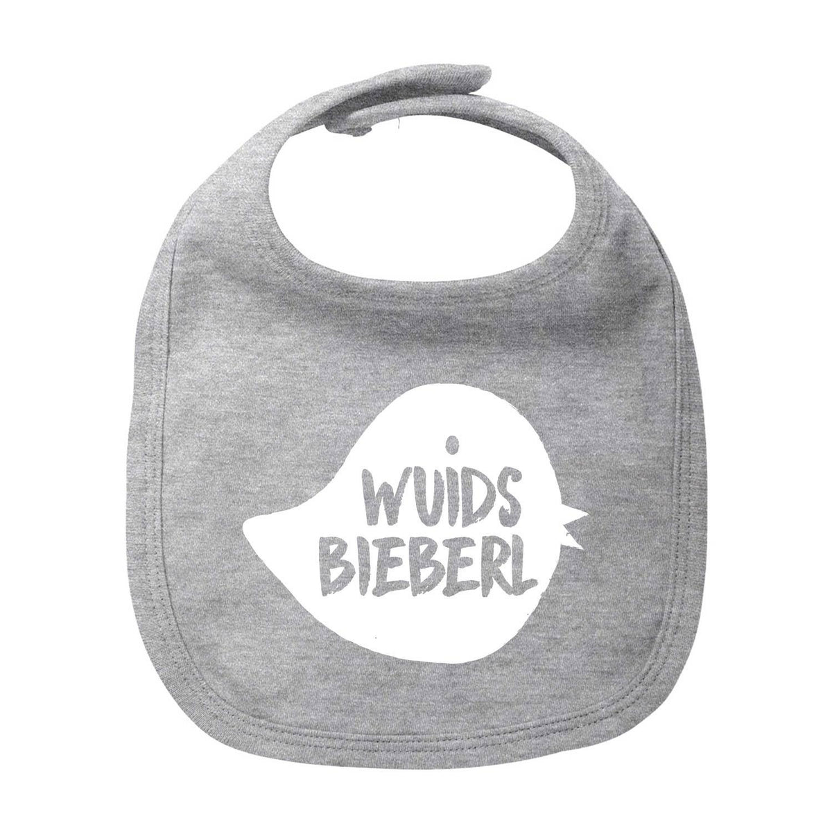 Graues Baby Lätzchen Wuids Bieberl mit weißem Schriftzug und Klettverschluss für Kleinkinder