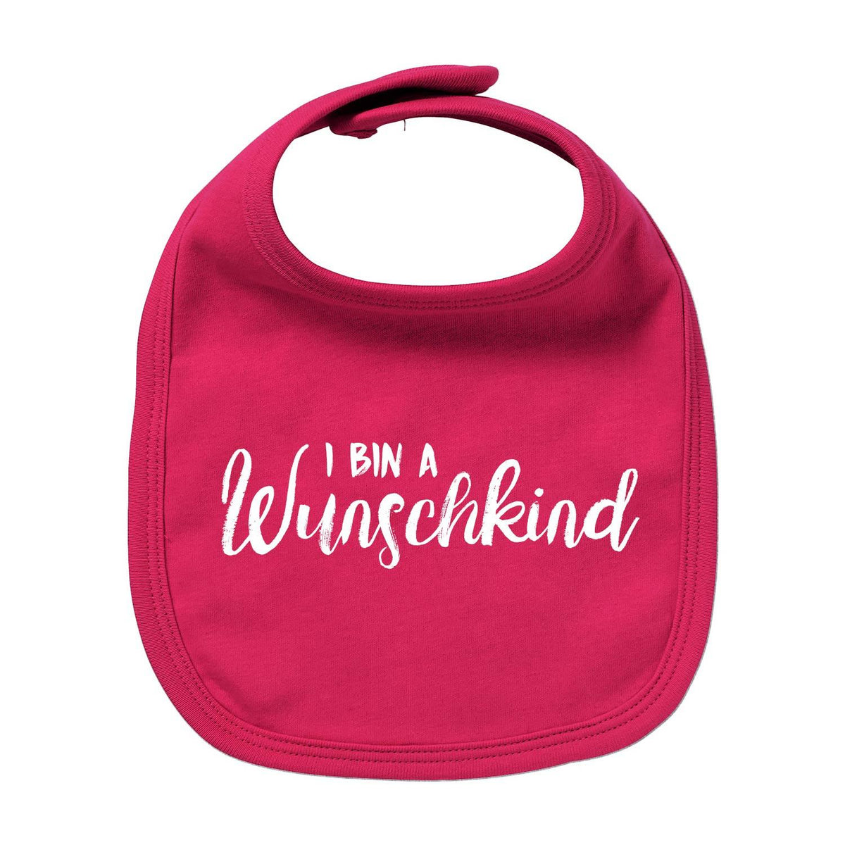 Fuchsiafarbenes Lätzchen Wunschkind mit weißem Schriftzug I BIN A Wunschkind, ideal für Babys und Kleinkinder.
