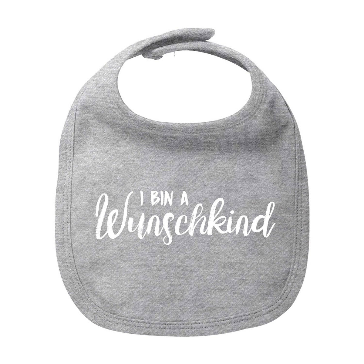 Graues Lätzchen Wunschkind aus Baumwolle mit weißem Schriftzug und Klettverschluss für Babys.