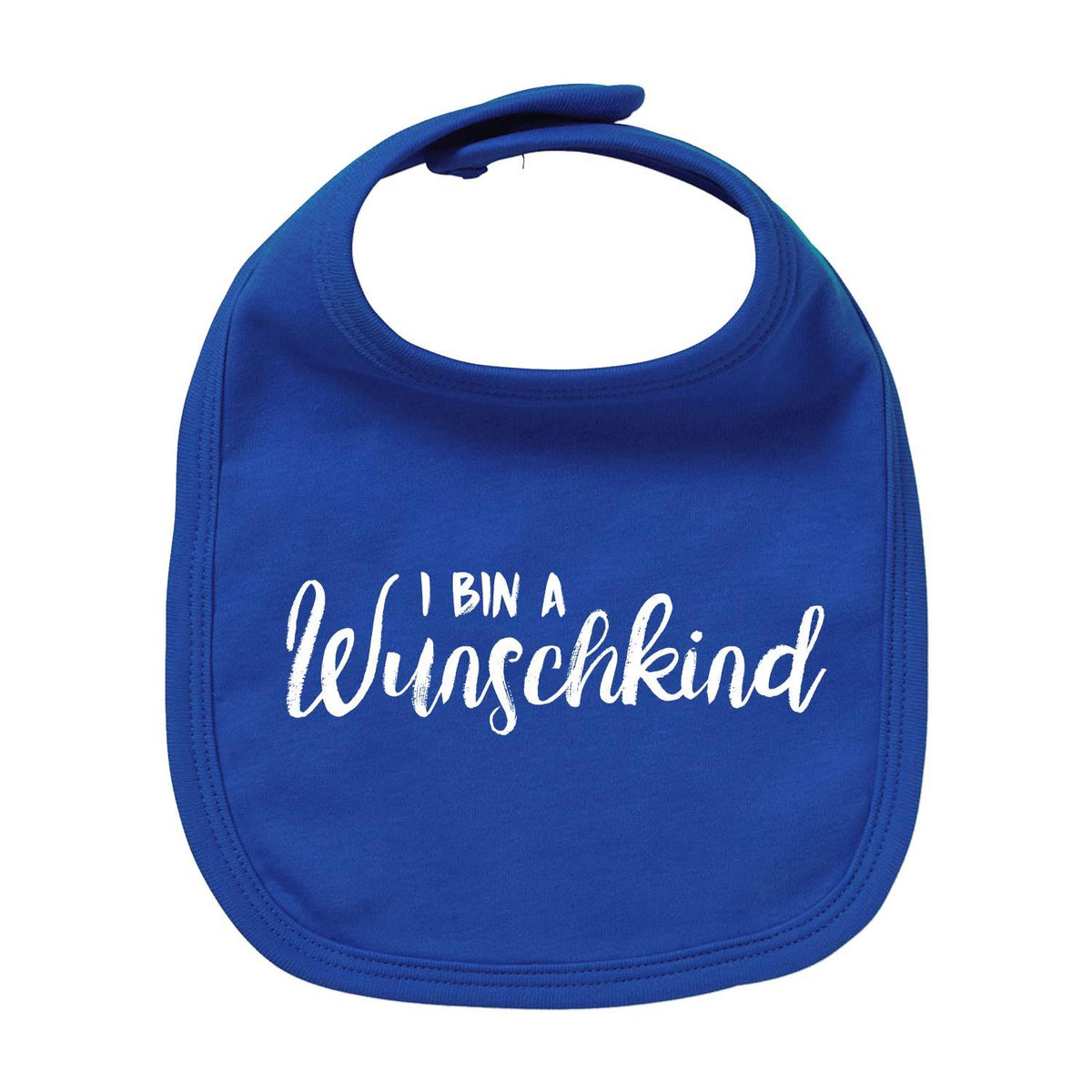 Blaues Babylätzchen "Wunschkind" mit weißem Schriftzug, weichem Stoff und Klettverschluss für Neugeborene.