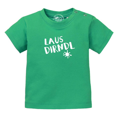 Baby T-Shirt Lausdirndl in leuchtendem Grün mit weißem Aufdruck. Kurzärmeliges Oberteil mit praktischen Druckknöpfen.
