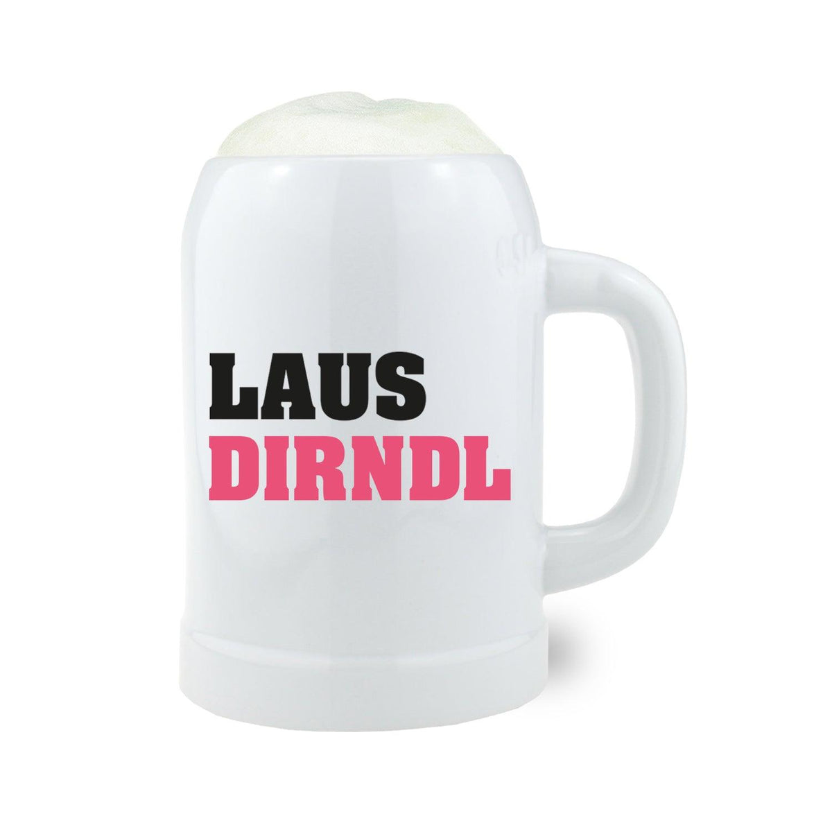 Weißer Bierkrug Lausdirndl mit schwarzer und pinker Schrift, gefüllt mit hellem Bier und Schaumkrone.