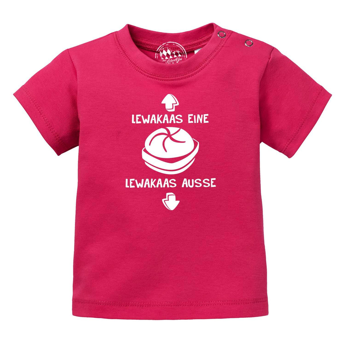 Fuchsia Baby T-Shirt Lewakaas mit weißem Druck Brezn und Pfeilen, Druckknöpfe an der Schulter.