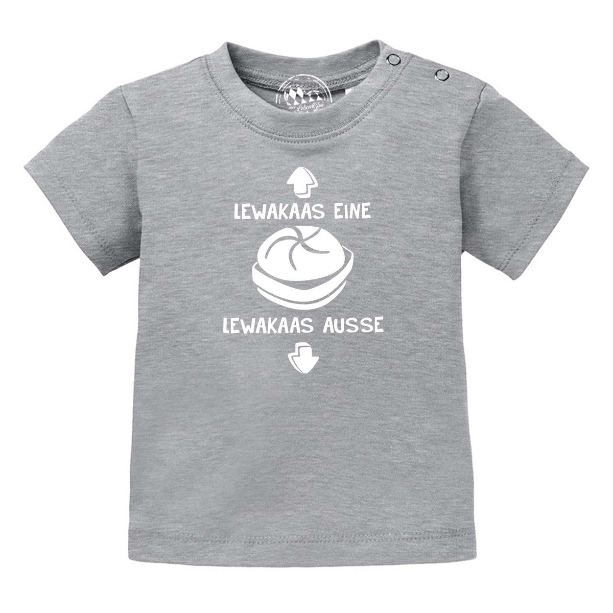 Graues Baby T-Shirt "Lewakaas" mit lustigem, weißem "Lewakaas" Ausse-Print auf der Vorderseite.