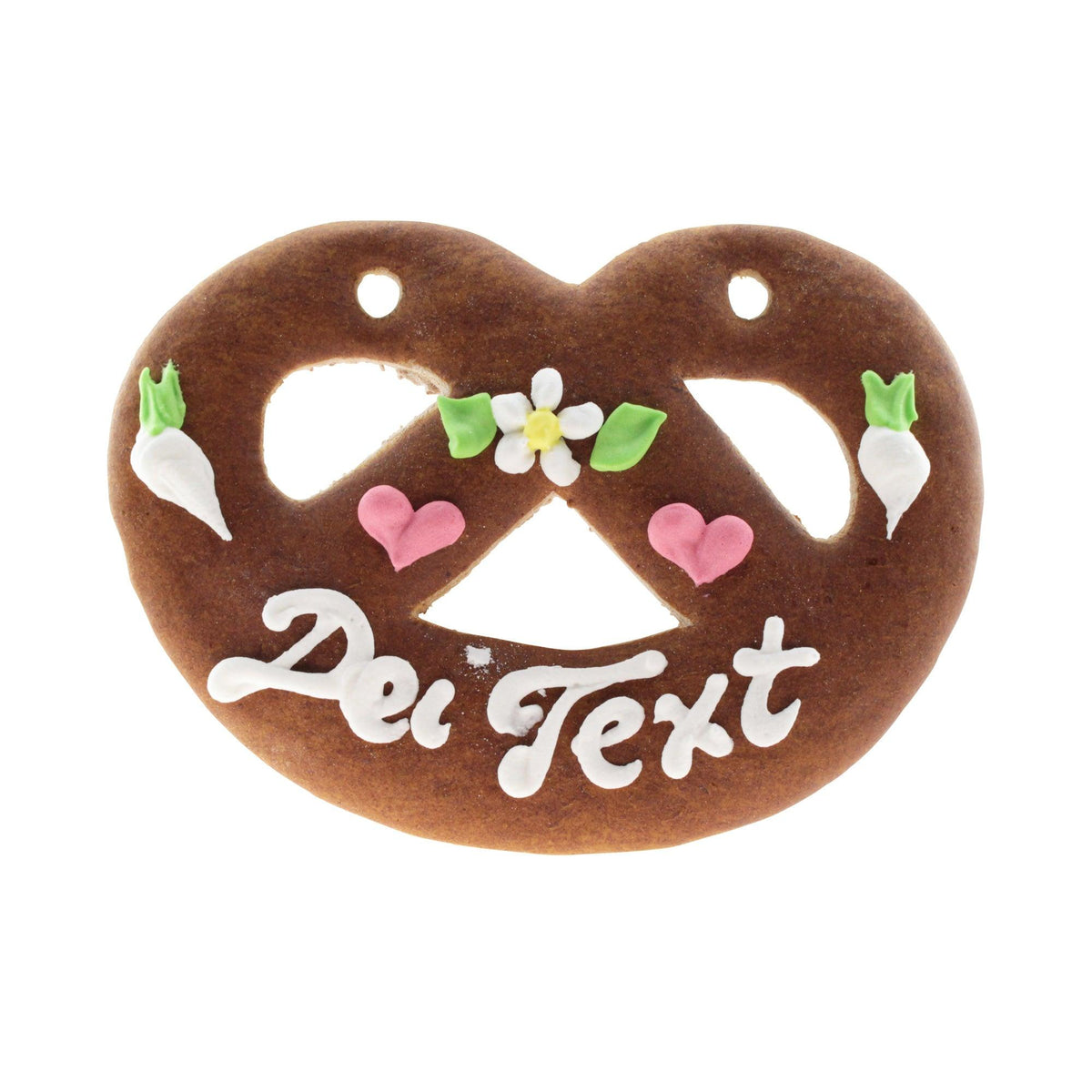 Lebkuchen-Herz Brezel mit weißem Schriftzug "Dei Text", rosa Herzen, Blumen und Radieschen Zuckergussverzierung