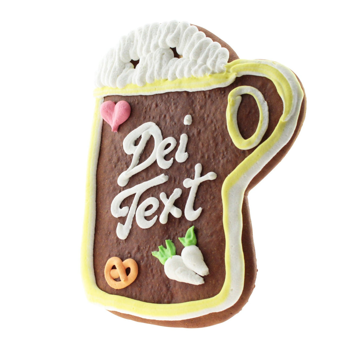 Lebkuchen-Bierkrug mit weißer Zuckerguss-Aufschrift "Dein Text", Brezel, Herz und Radieschen verziert