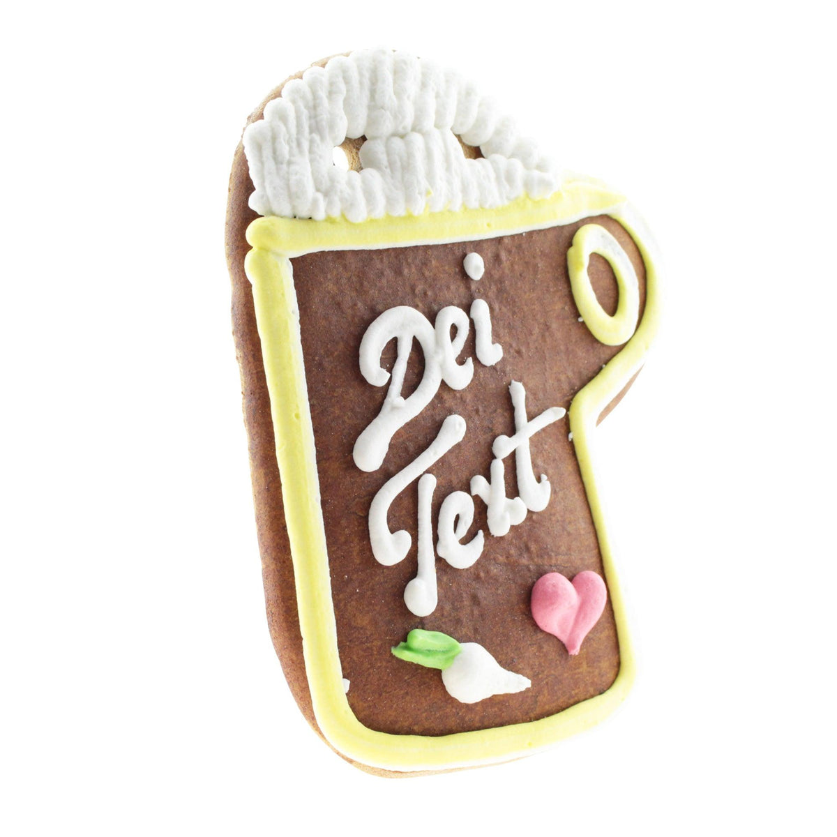 Lebkuchen-Maßkrug mit weißer Zuckerguss-Beschriftung "Dei Text", rosa Herz und Radieschen, ideal für Volksfeste.