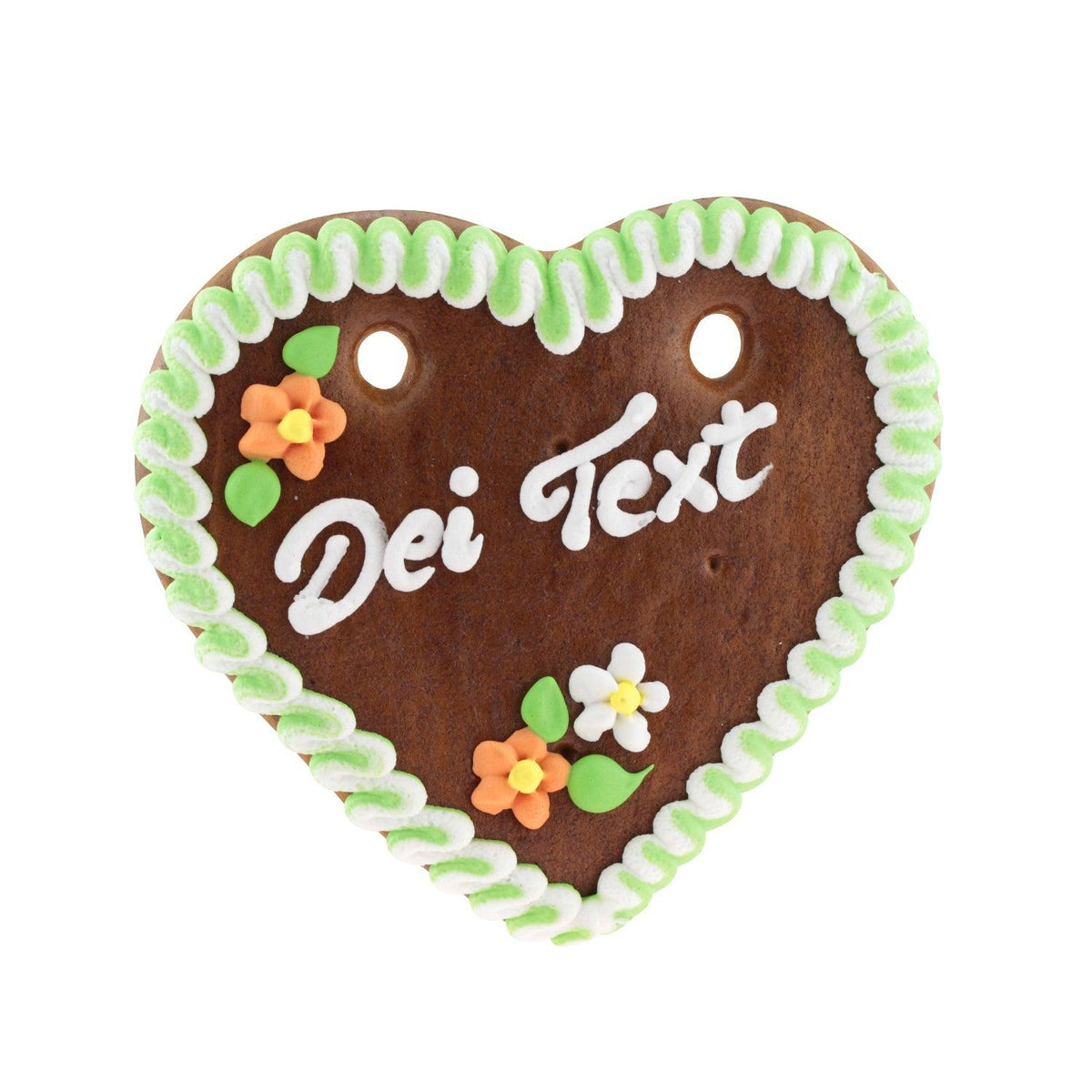 Braunes Lebkuchenherz mit weiß-grüner Zuckerguss-Umrandung, bunte Blumen und weißer Schrift "Dei Text".