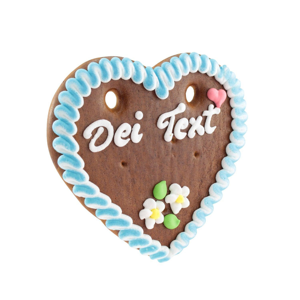 Lebkuchen Herz mit weißem Text "Dei Text", blau-weißen Verzierungen und Blumenornamenten