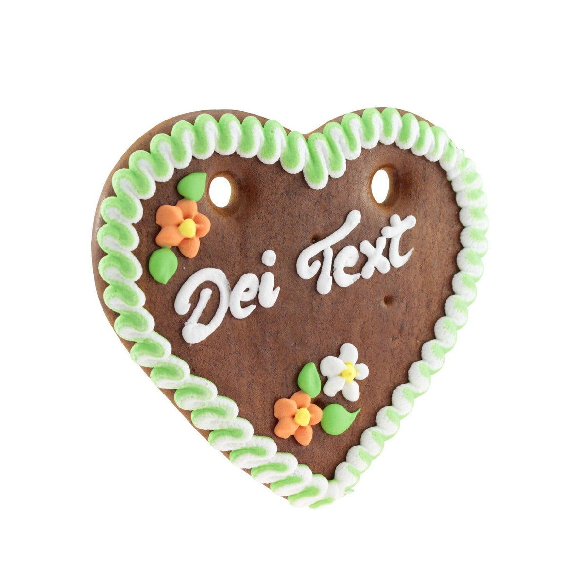Lebkuchenherz mit weißer Zuckerschrift "Dei Text", grüner Randverzierung und bunten Zuckerblumen.
