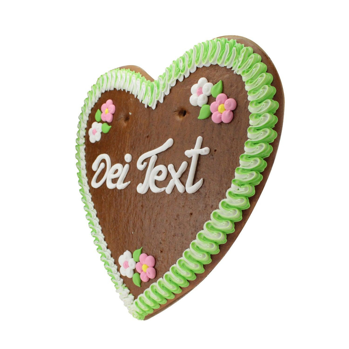 Braunes Lebkuchenherz mit grüner und weißer Zuckerguss-Randverzierung, weißem Schriftzug "Dei Text".