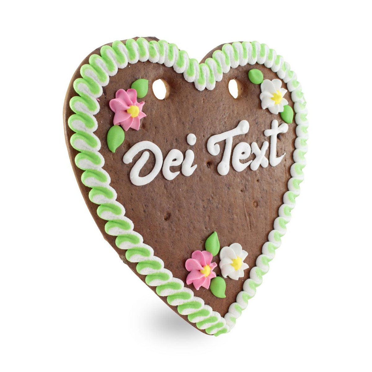 Lebkuchenherz mit grüner und weißer Randverzierung, rosa und weißen Blüten sowie Personalisierungsoption.