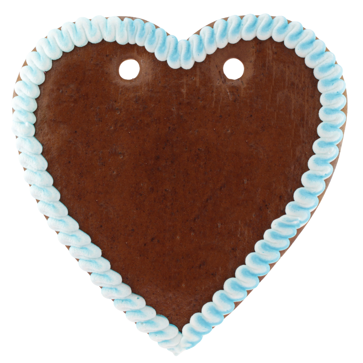 Braunes Lebkuchenherz mit blau-weißer Zuckerguss-Umrandung und Löchern für Wunschtext-Personalisierung.