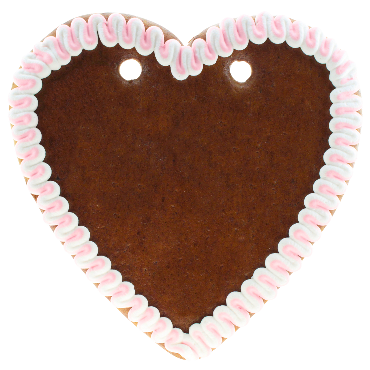 Braunes Lebkuchenherz unbeschriftet mit rosafarbener und weißer Zuckerguss-Umrandung und zwei Löchern zum Aufhängen.