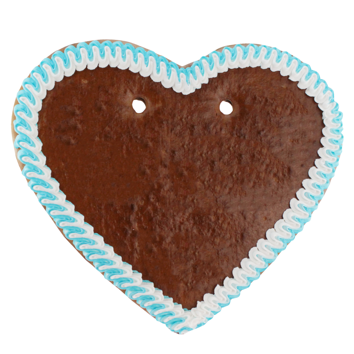 Braunes Lebkuchenherz mit hellblauer und weißer Zuckergussverzierung, bereit für individuellen Wunschtext.