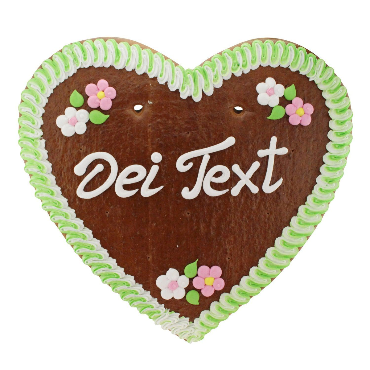 Braunes Lebkuchenherz mit grüner und weißer Zuckergussverzierung, kleinen Blumen und Textfeld "Dei Text".