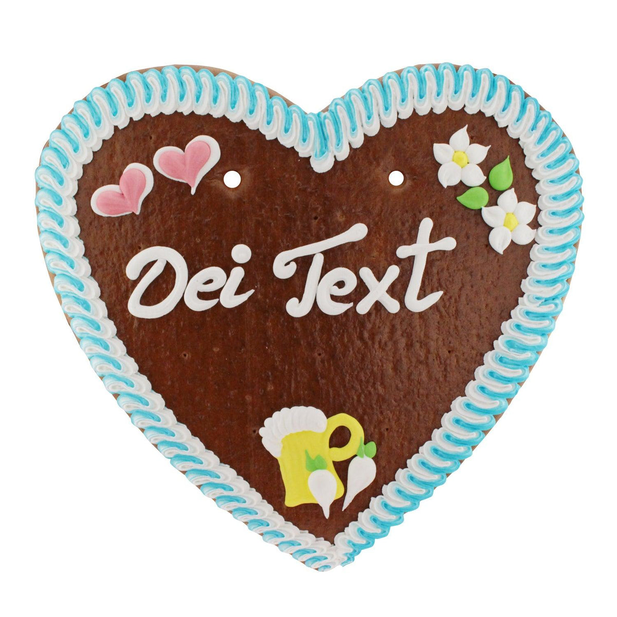 Lebkuchenherz mit blauer und weißer Zuckerglasurumrandung, der Aufschrift "Dei Text", Herzen, Blumen, Bierkrug und Radieschen.