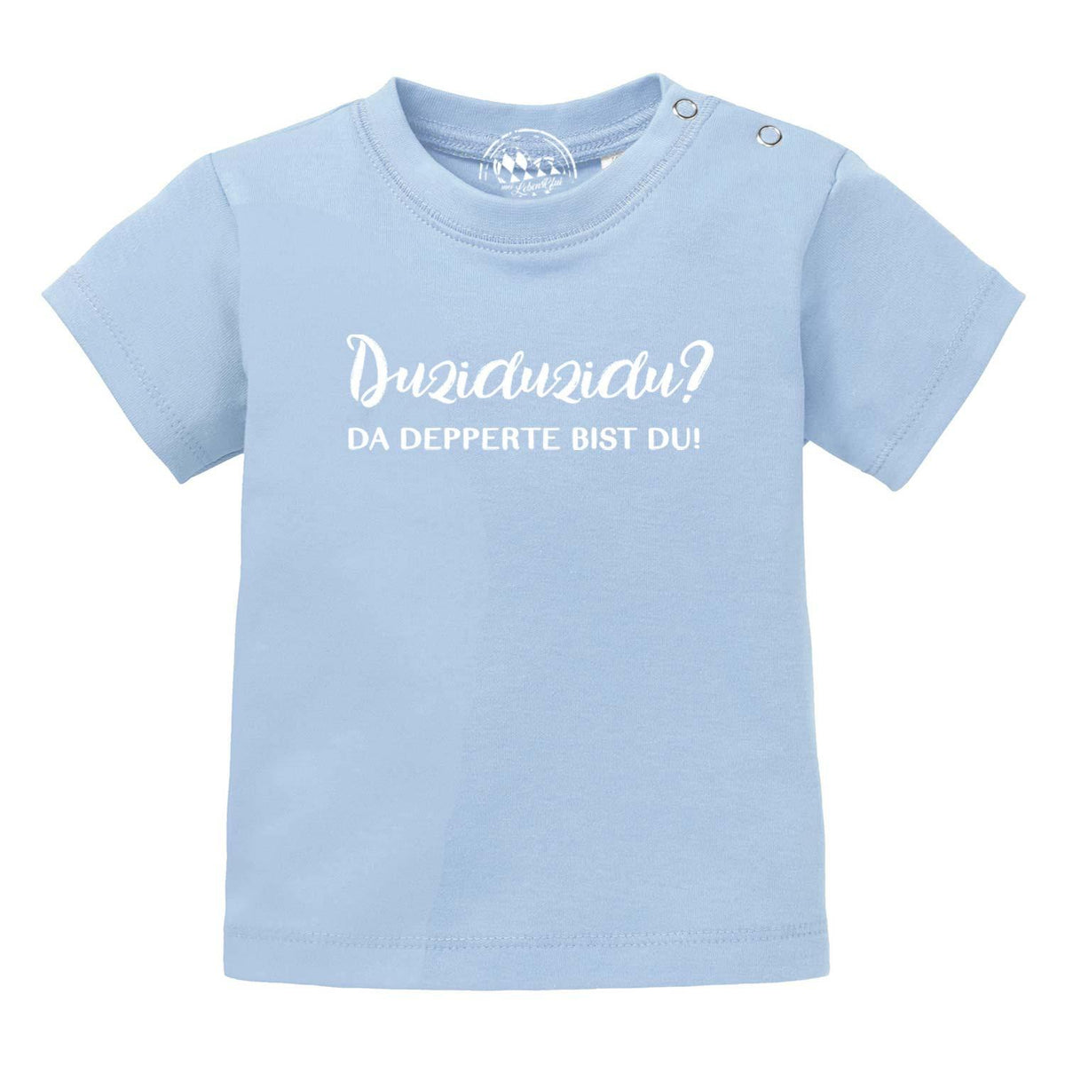 Baby T-Shirt Duziduzidu in Hellblau mit weißem Aufdruck und praktischen Druckknöpfen am Halsausschnitt.