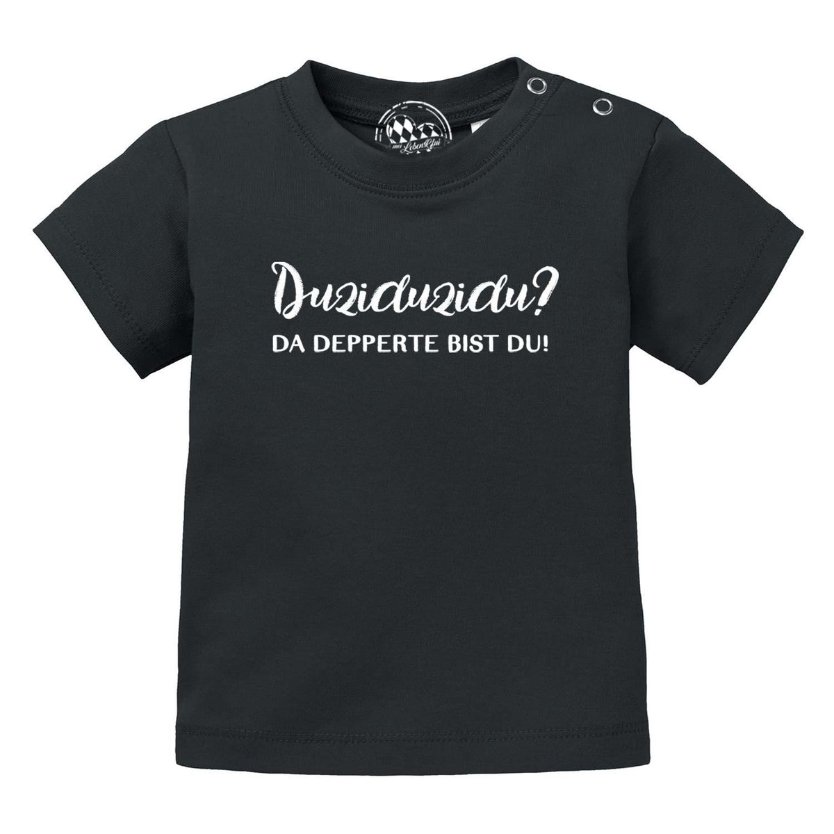 Schwarzes Baby T-Shirt "Duziduzidu..." mit weißem Schriftzug und Druckknöpfen an der Schulter.