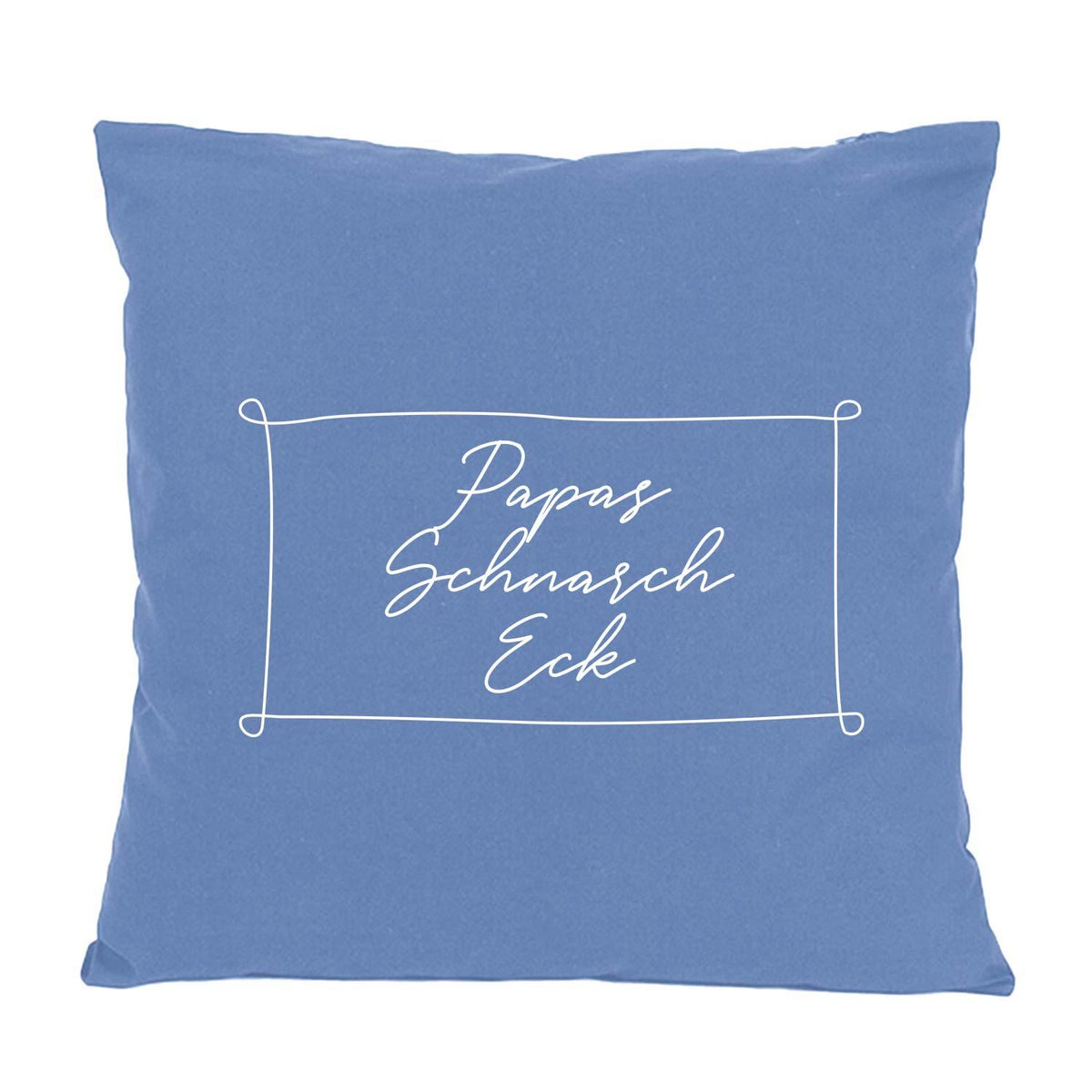 Blaues Baumwollkissen Papas Schnarch Eck mit weißer Schrift und Rahmen, ideales Geschenk für den Vater.