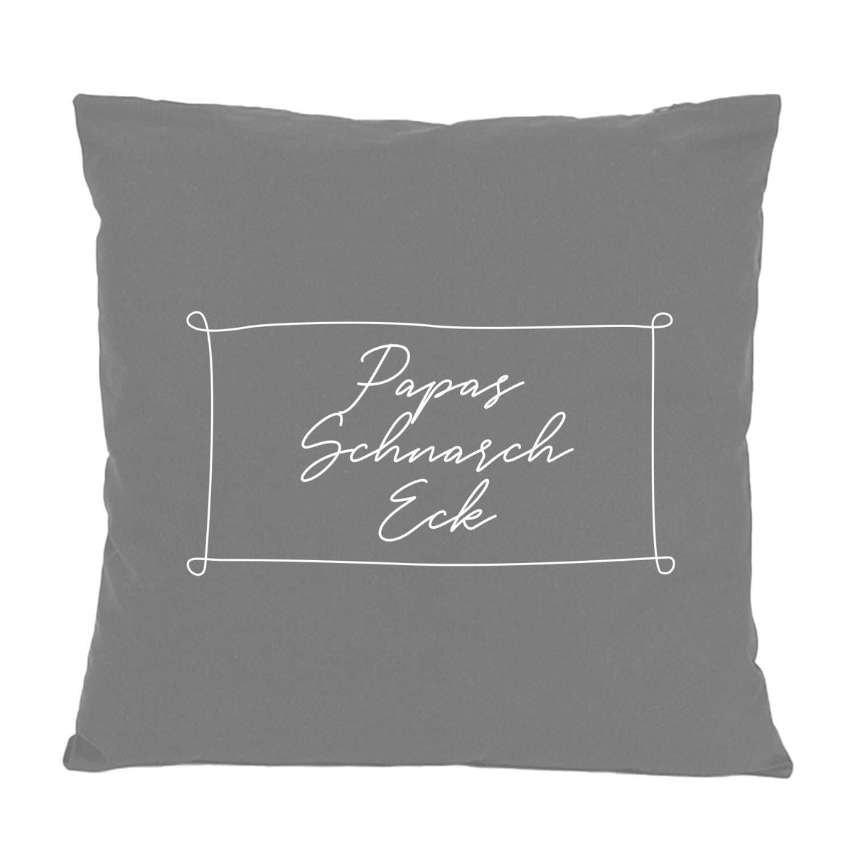 Graues Kissen "Papas Schnarch Eck" mit weißem Schriftzug und Rahmen, perfekt für den Papa.