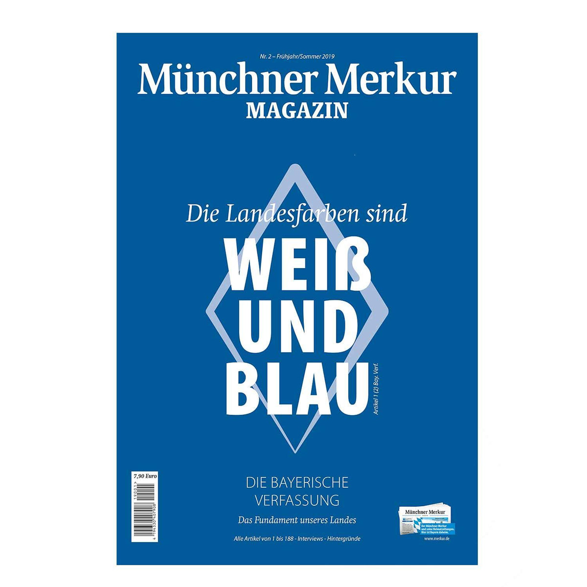 Magazin mit blau-weißem Cover, Titel „Die Landesfarben sind WEIß UND BLAU“, enthält Bayerns Verfassung samt Interviews.