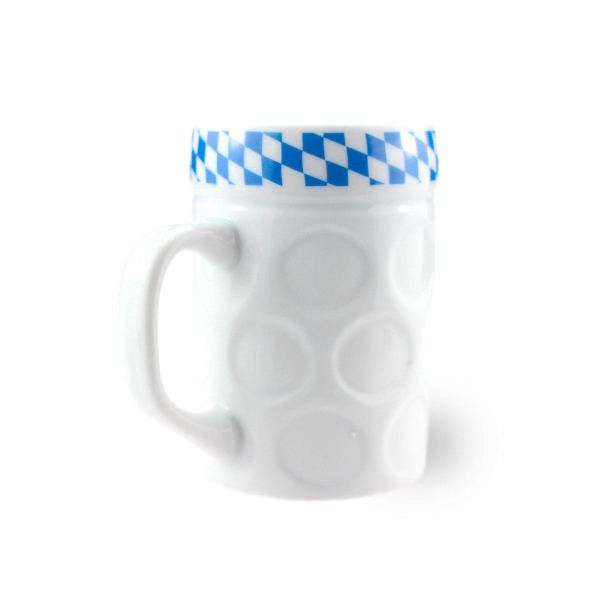 Kaffeetasse in Bierkrug-Form von hinten mit Henkel links, Noppenstruktur und bayerischem Rautenrand