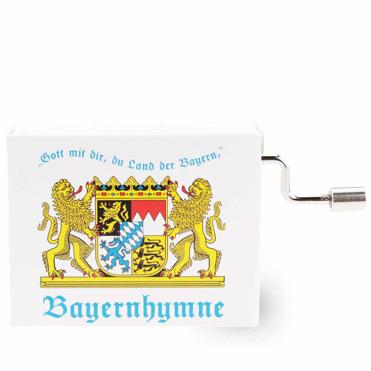 Mini-Drehorgel Bayernhymne mit Farbdruck des bayerischen Staatswappens und Kurbel, weißes Gehäuse.