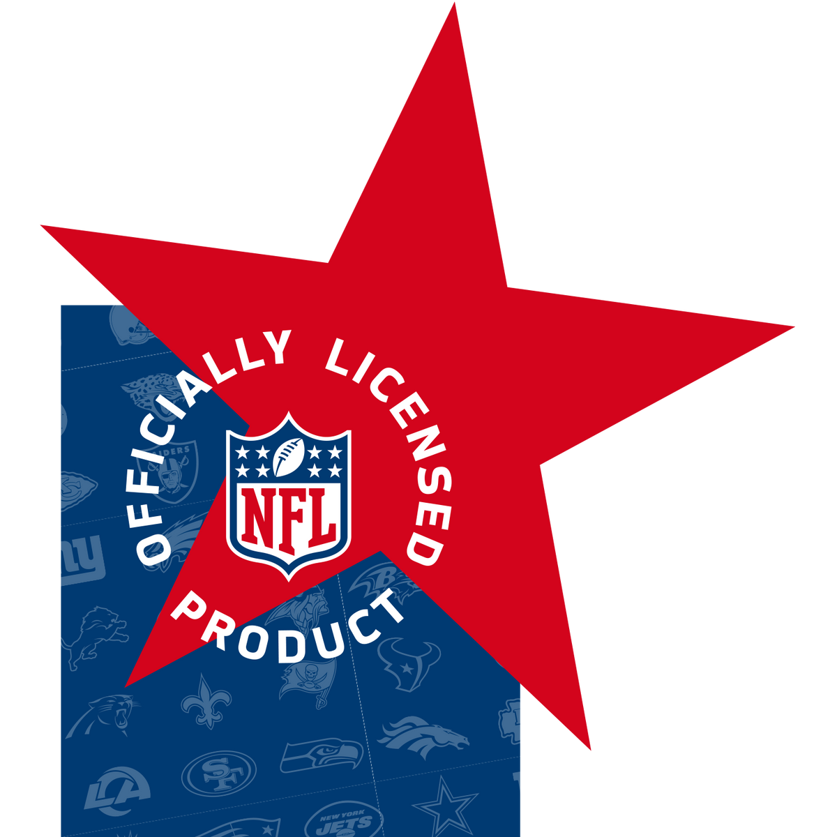 Roter Stern mit Schriftzug "OFFICIALLY LICENSED PRODUCT" über blauem Hintergrund mit verschiedenen NFL Team Logos.