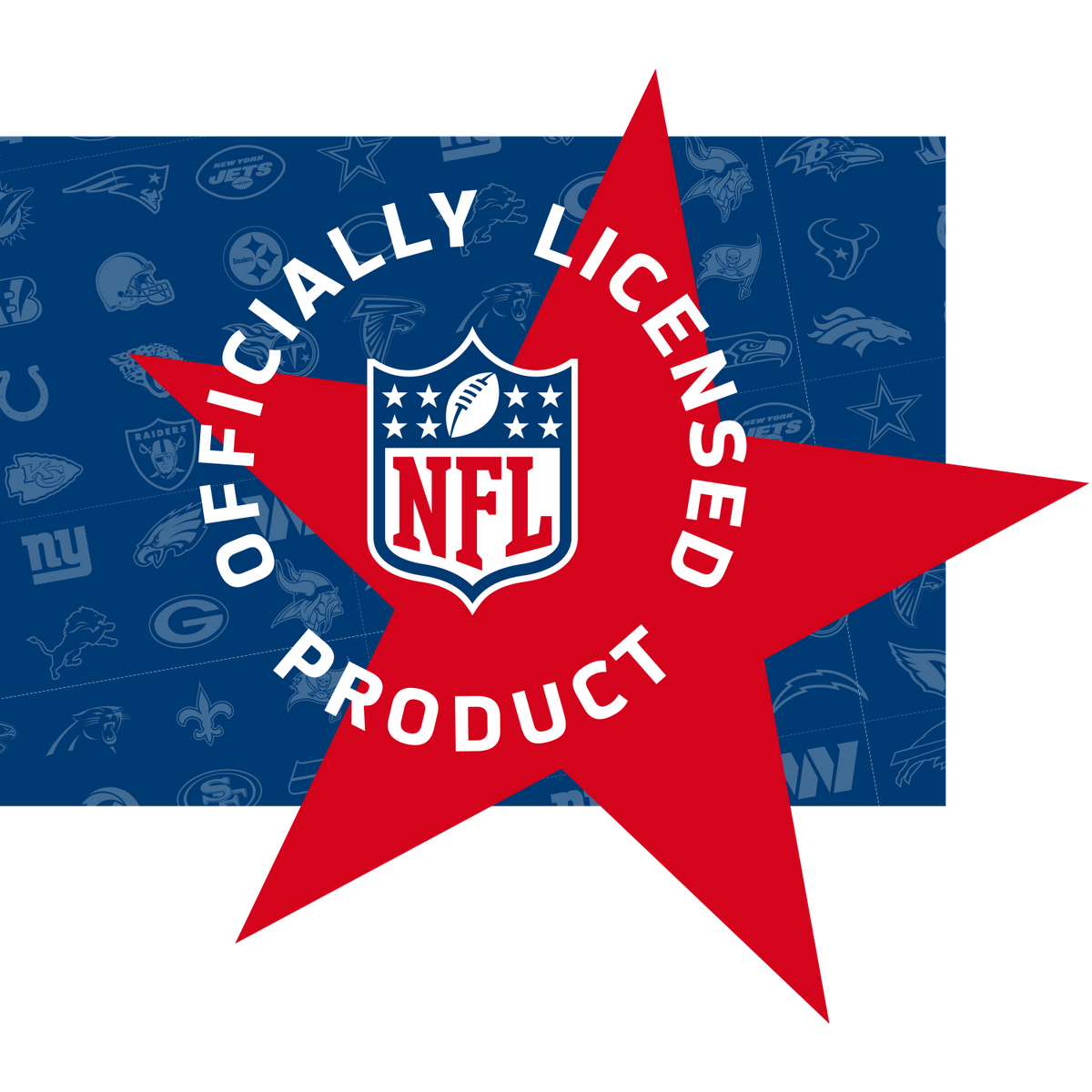 Offiziell lizenziertes NFL-Produkt-Siegel in Rot mit NFL-Logo und Teamlogos im Hintergrund.